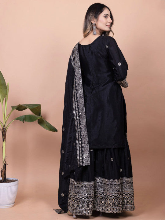 TEEYA CREATION Floral Embroidered Thread Work Kurta With Sharara & Dupatta