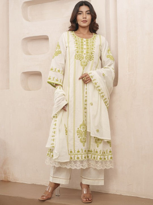 House of Pataudi Embroidered Straight Kurta & Trousers With Dupatta