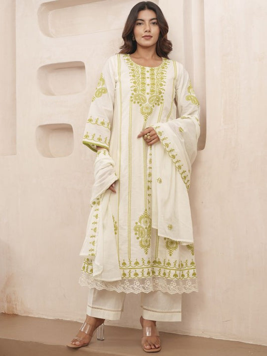 House of Pataudi Embroidered Straight Kurta & Trousers With Dupatta