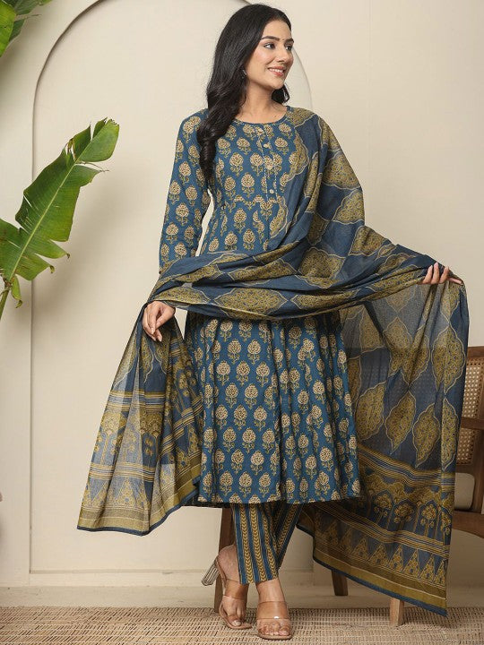 Yufta Floral Printed Pure Cotton Maternity Anarkali Kurta With Trousers & Dupatta