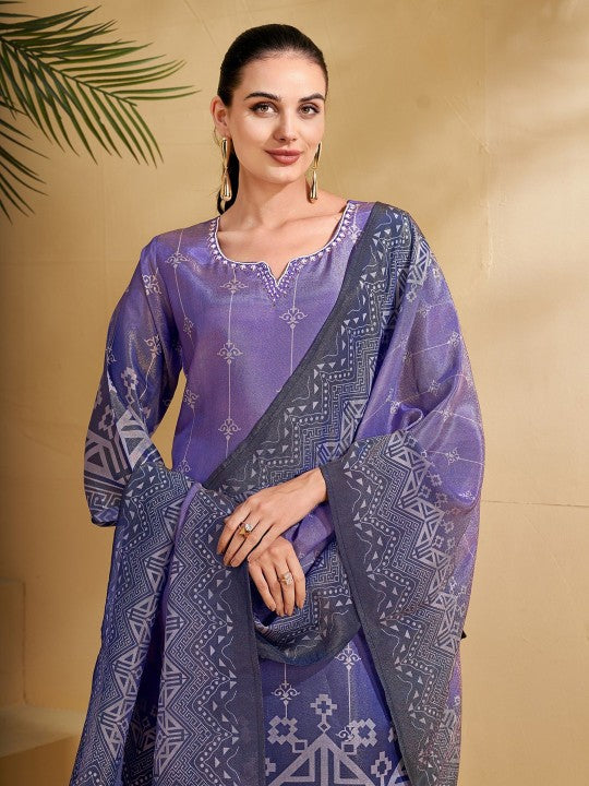 AVITRA Geometric Printed Notch Neck Beads And Stones Kurta With Trousers & Dupatta