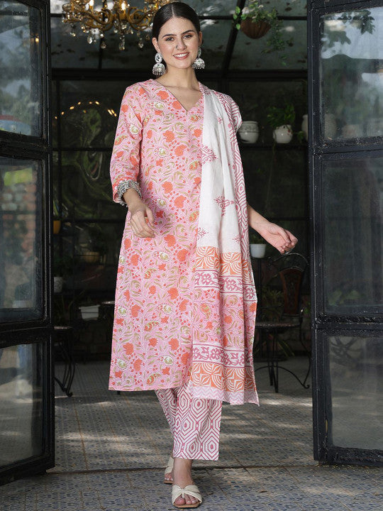 Taavi Floral Hand Block Print Pure Cotton V-Neck Straight Kurta With Trouser & Dupatta