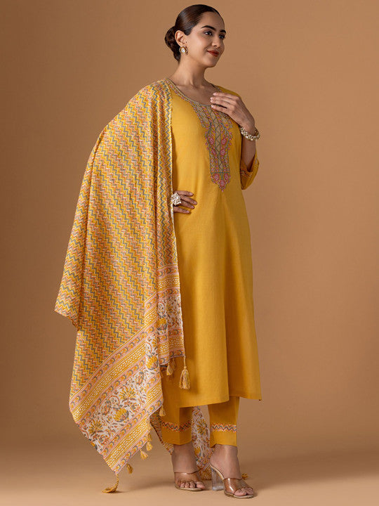 WOMEN PLUS Ethnic Motifs Embroidered Pure Cotton Straight Kurta with Trousers & Dupatta