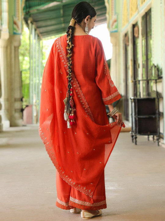 AUTUMN LANE Women Embroidered Regular Sequinned Kurta with Palazzos & Dupatta
