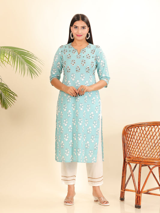 Soft Cotton Floral Straight Blue Kurta