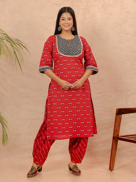 Soft Cotton Geometric Straight Red Kurta