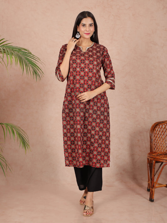 Soft Cotton Geometric Straight Maroon Kurta