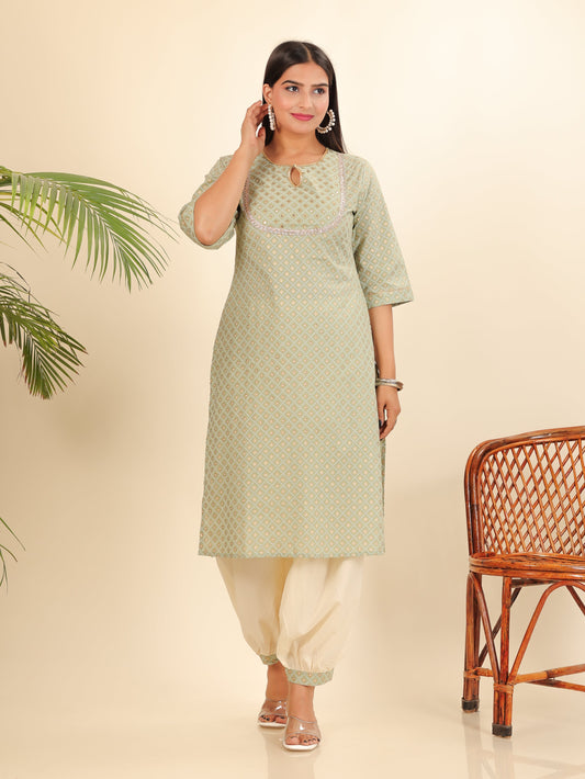 Soft Cotton Geometric Straight Green Kurta