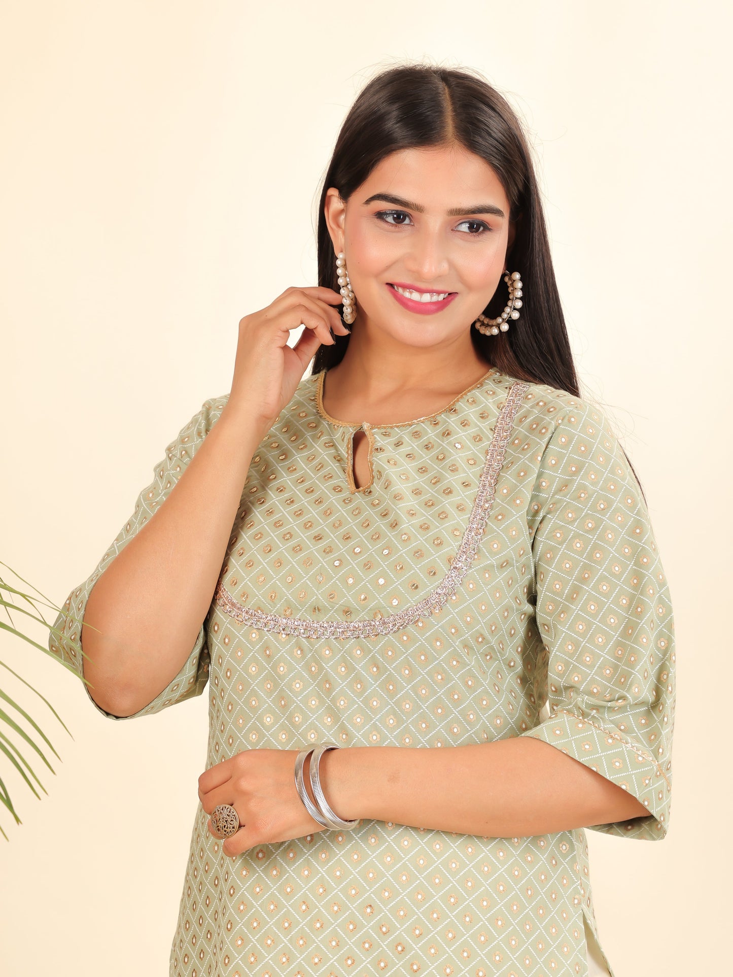 Soft Cotton Geometric Straight Green Kurta