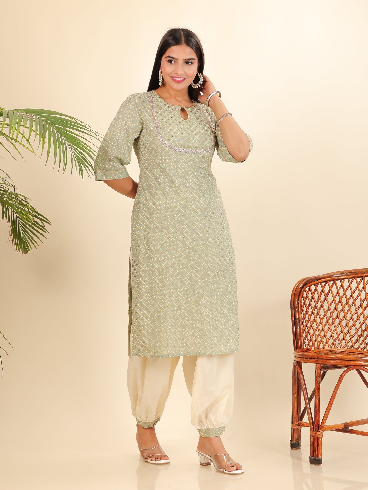 Soft Cotton Geometric Straight Green Kurta