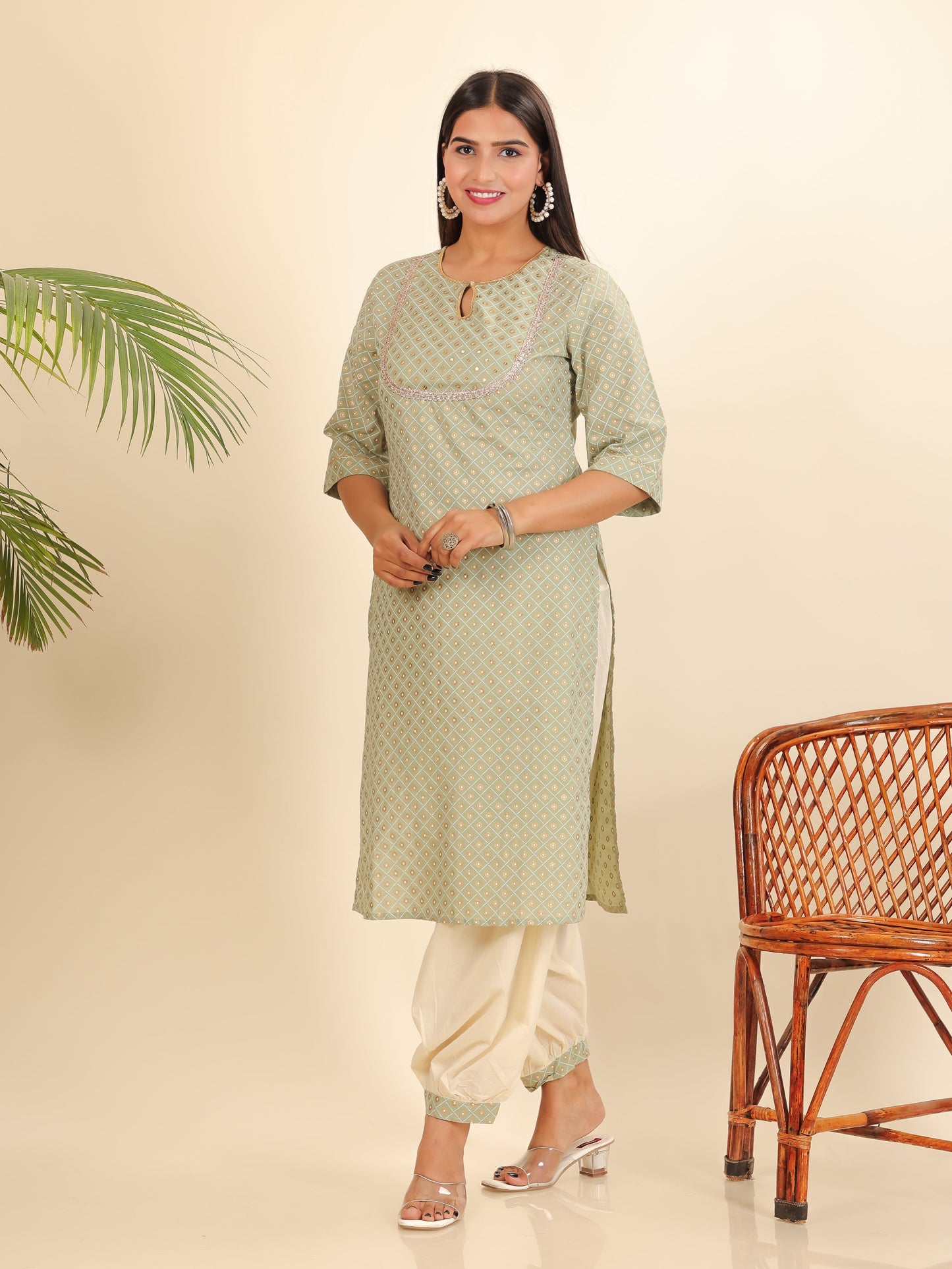 Soft Cotton Geometric Straight Green Kurta