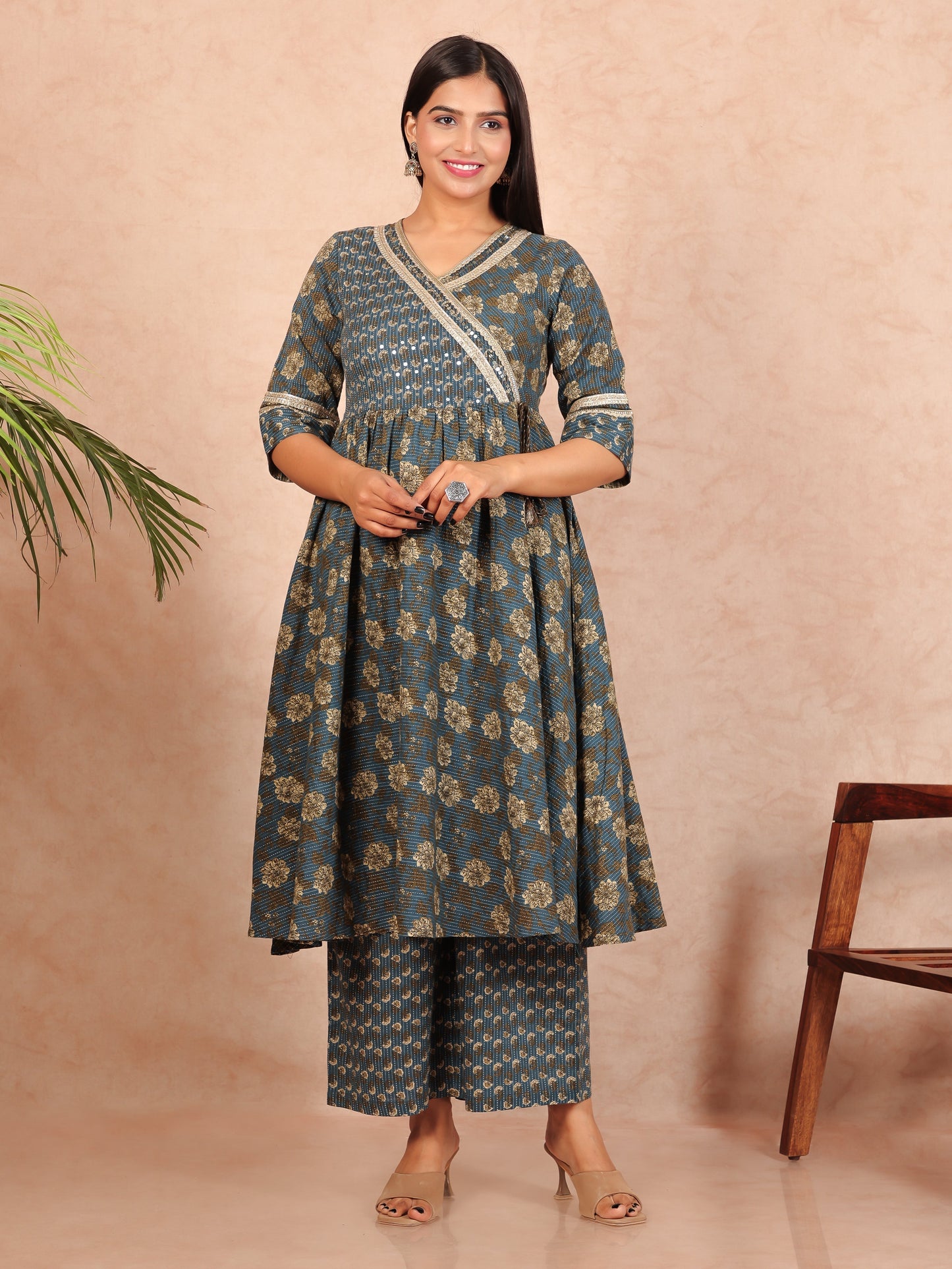 Kantha Cotton Floral Angrakha Blue Kurta