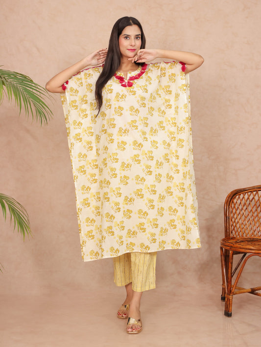 Soft Cotton Floral Kaftan Yellow Kurta