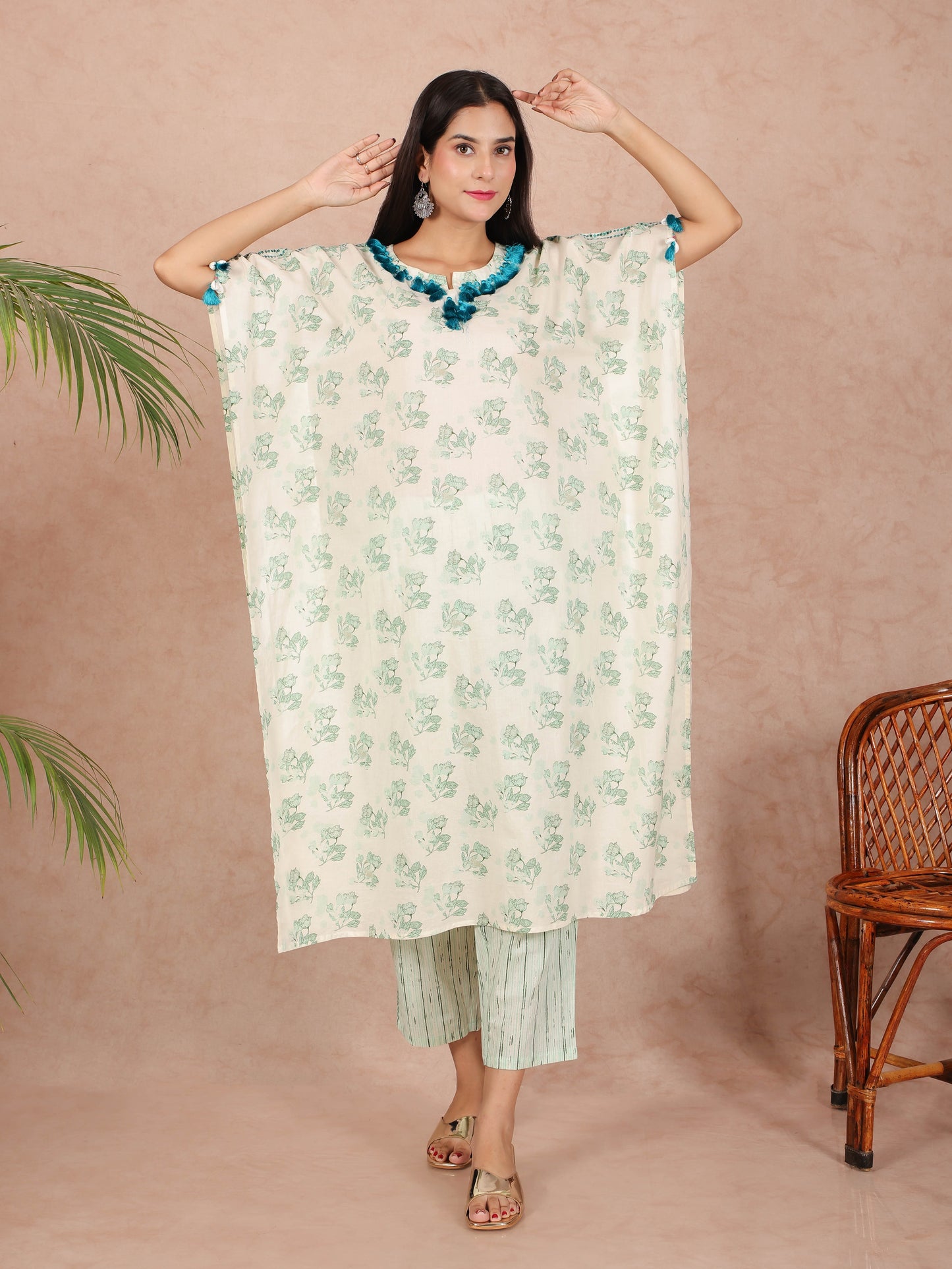 Soft Cotton Floral Kaftan Green Kurta