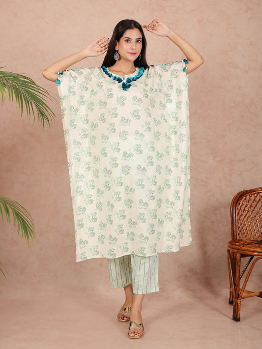 Soft Cotton Floral Kaftan Green Kurta