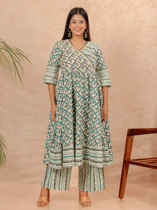 Soft Cotton Geometric Angrakha Turquoise Kurta