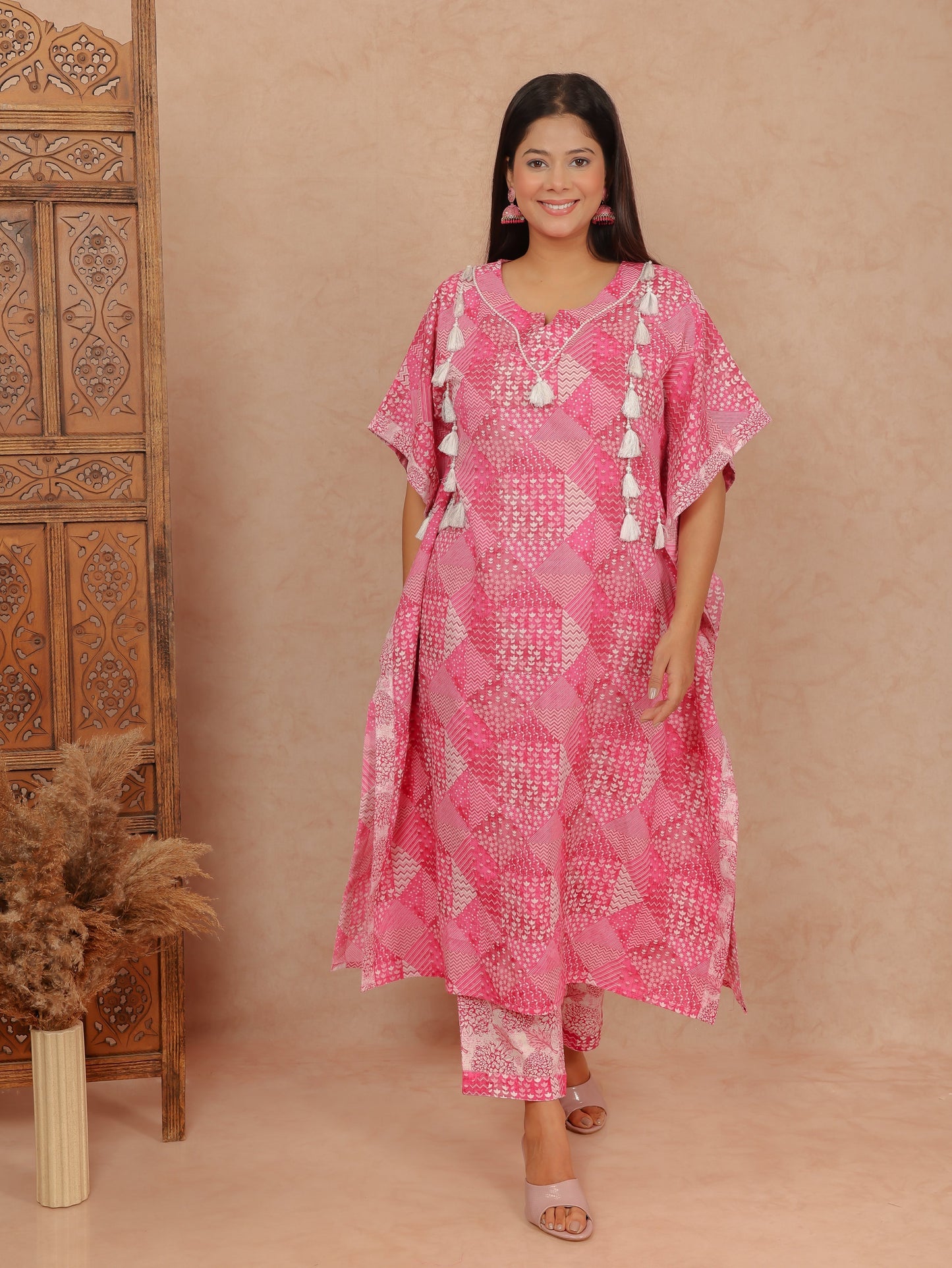 Soft Cotton Patchwork Kaftan Pink Kurta