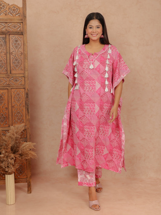 Soft Cotton Patchwork Kaftan Pink Kurta