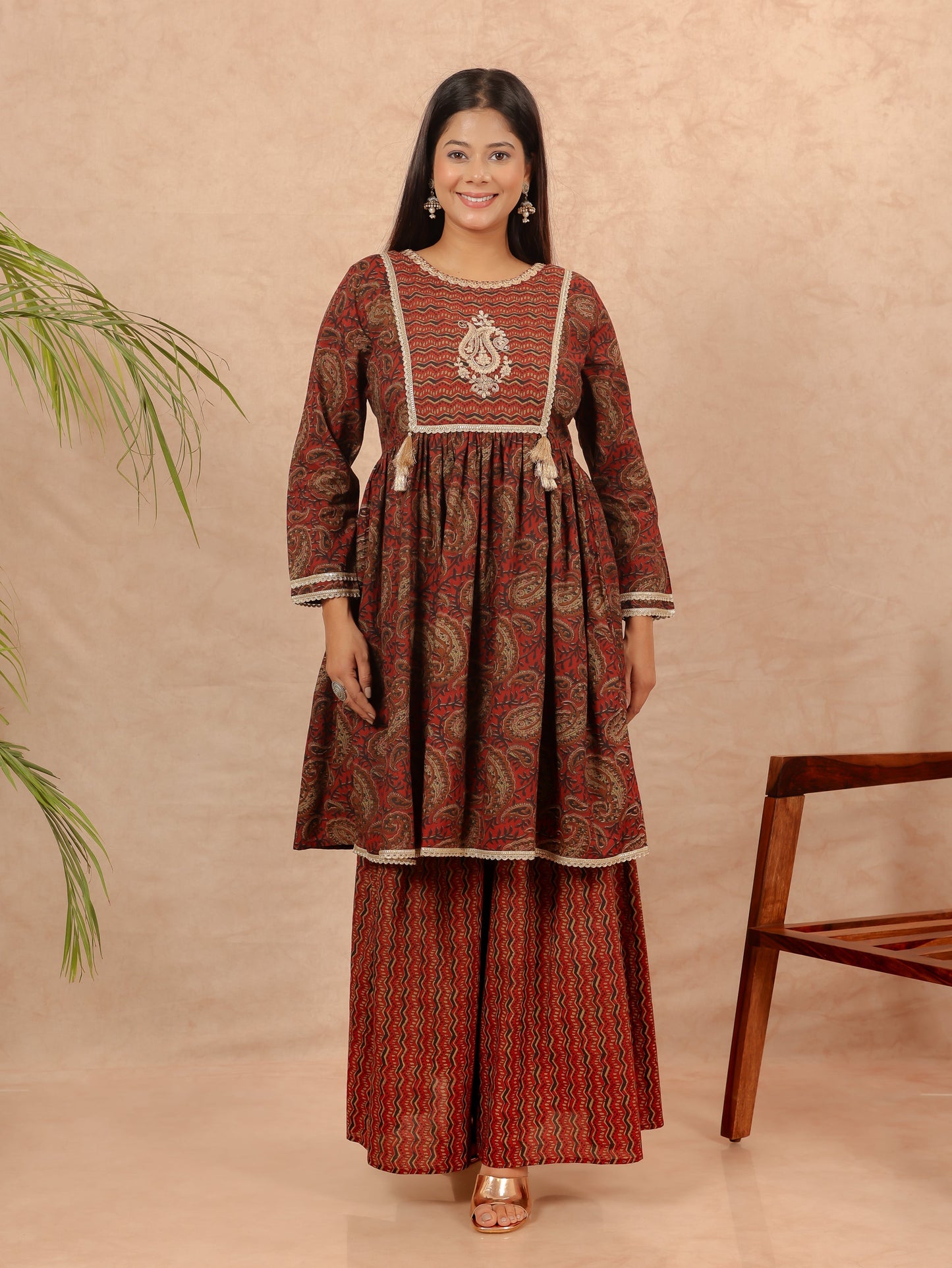 Soft Cotton Paisley Flared Maroon Kurta
