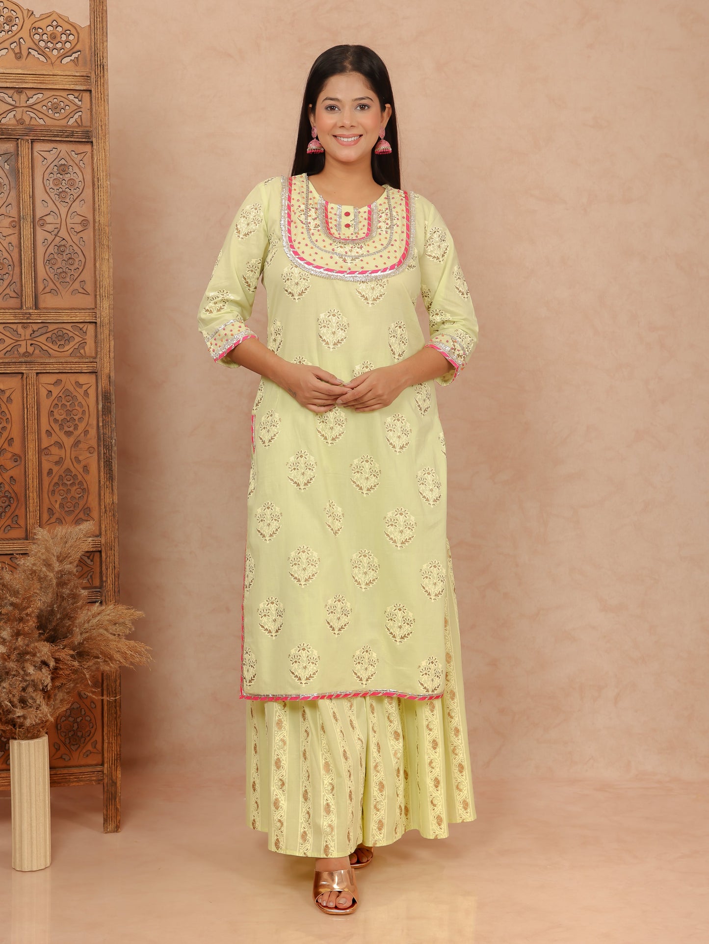 Soft Cotton Gold foil Straight Green Kurta