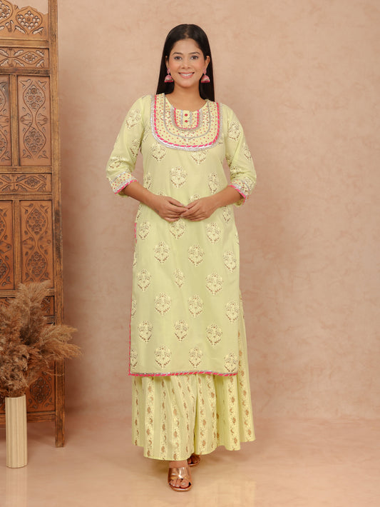 Soft Cotton Gold foil Straight Green Kurta