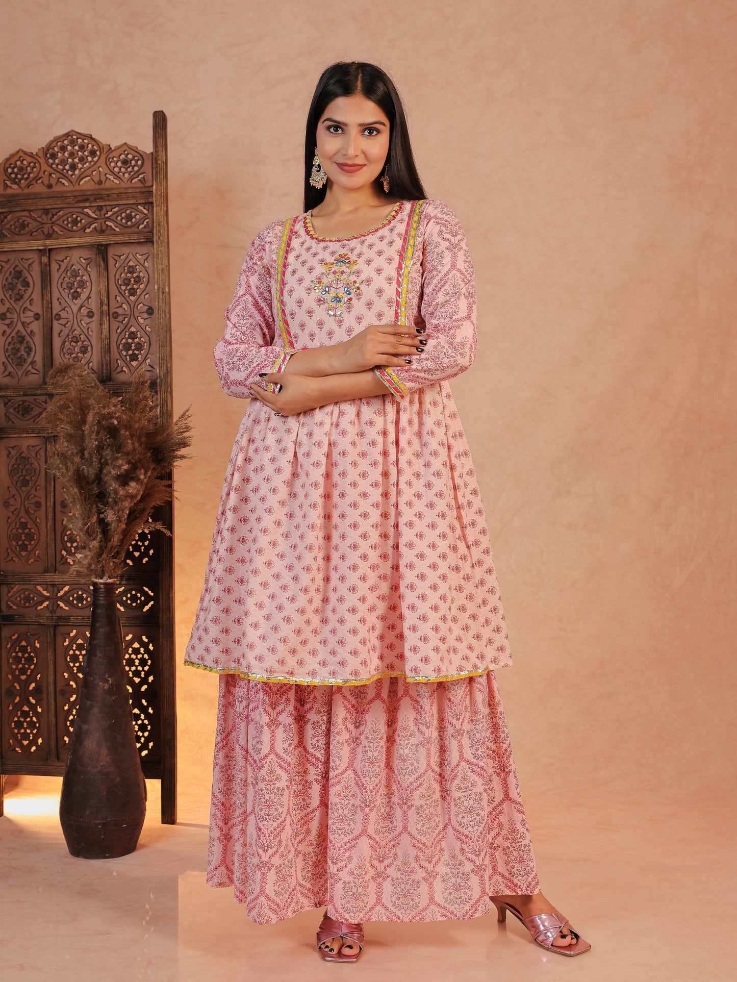 Soft Cotton Floral Flared Pink Kurta