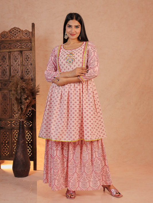 Soft Cotton Floral Flared Pink Kurta