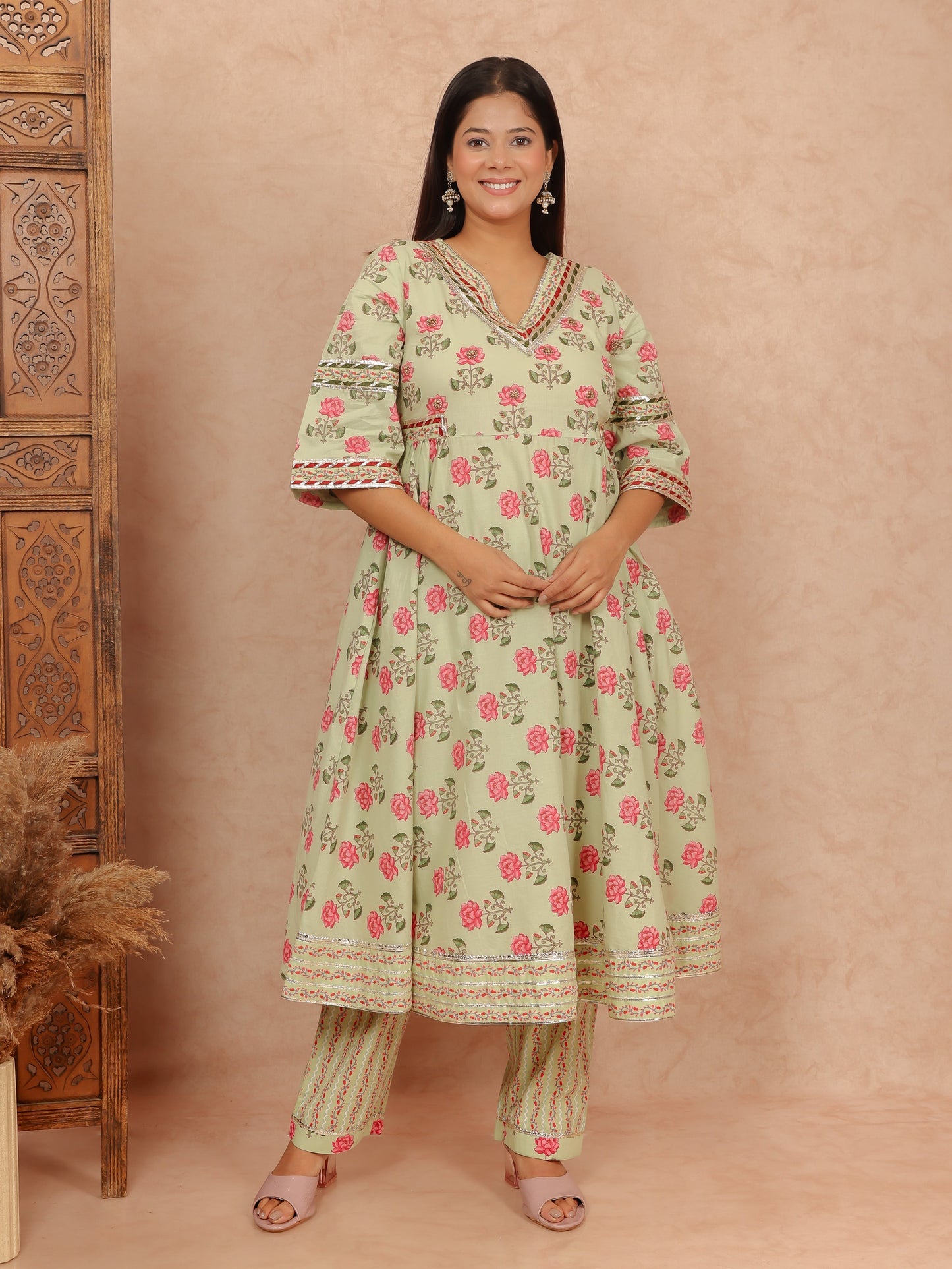 Soft Cotton Floral Flared Green Kurta