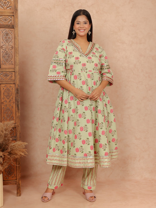 Soft Cotton Floral Flared Green Kurta