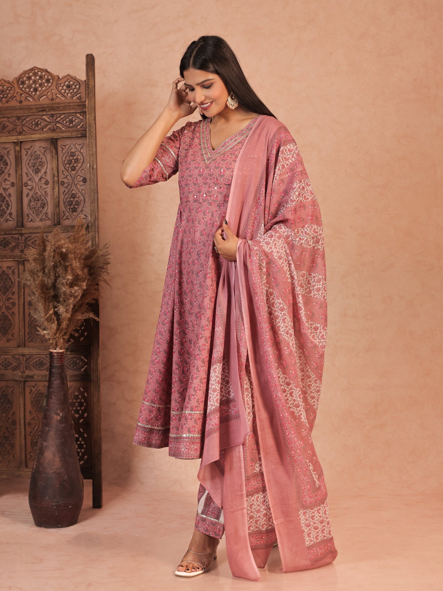 Lurex Cotton Block Flared Pink Kurta