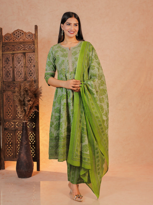 Soft Cotton Block Anarkali Green Kurta