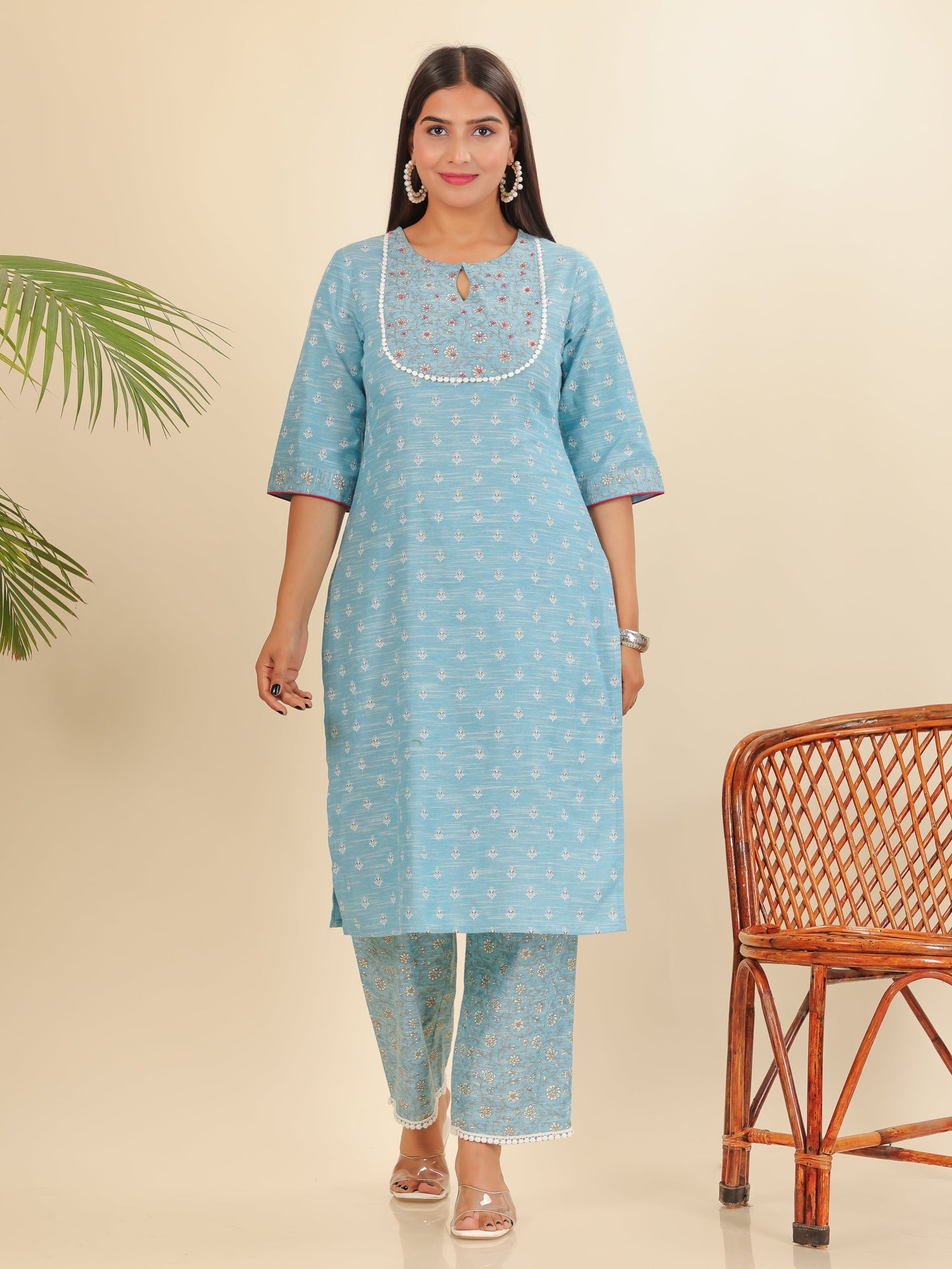 Blend Cotton Floral Straight Blue Kurta