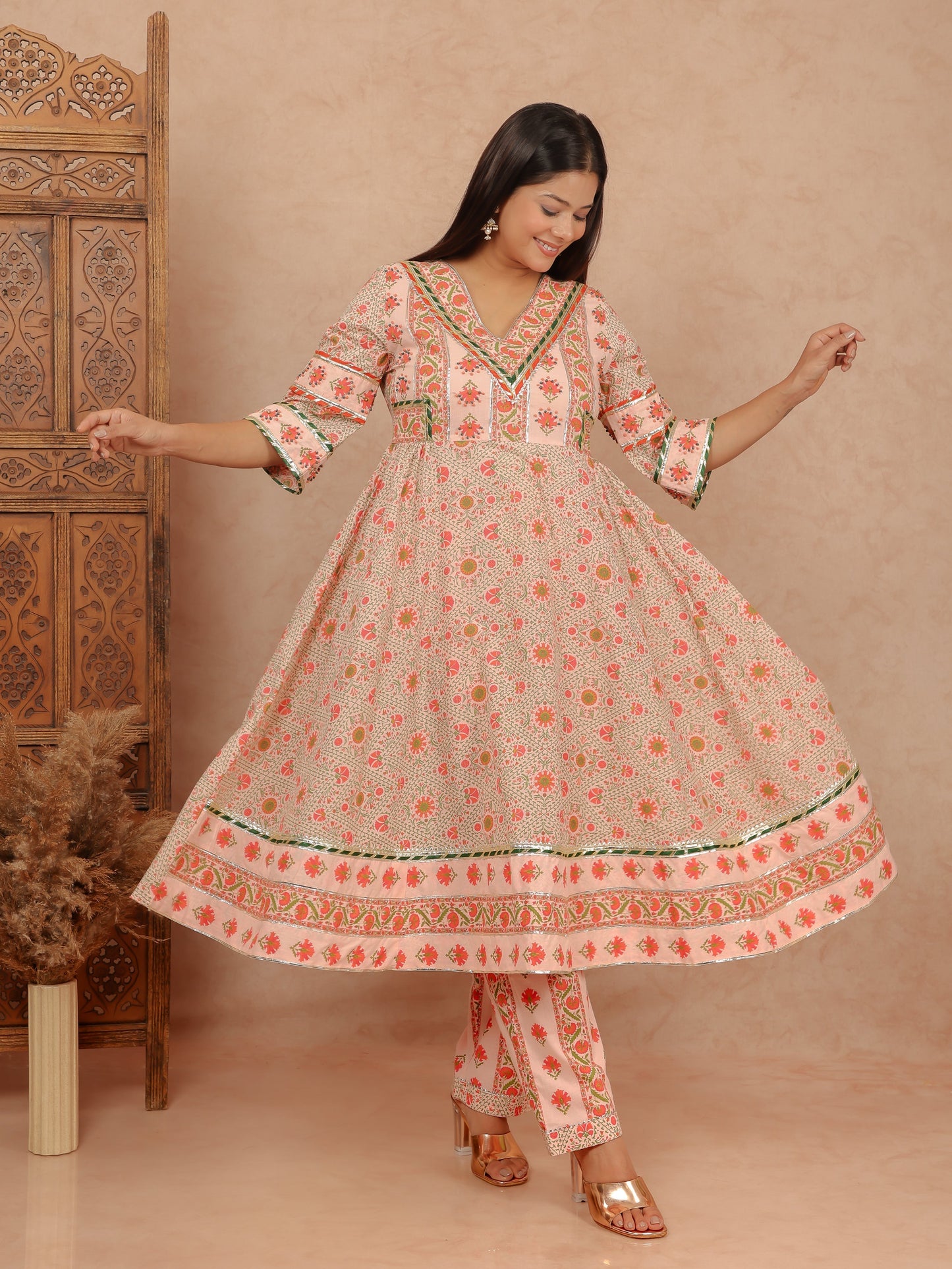 Soft Cotton Floral Flared Orange Kurta