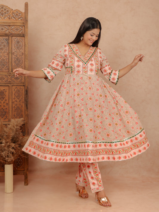 Soft Cotton Floral Flared Orange Kurta