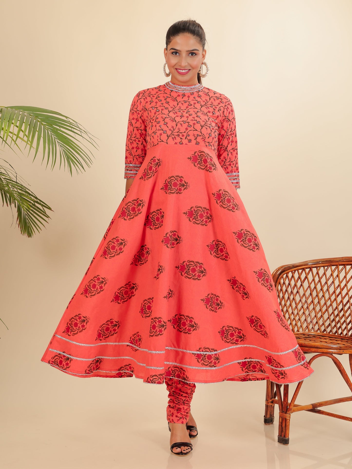 Soft Cotton Floral Flared Pink Kurta