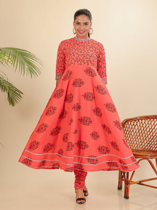 Soft Cotton Floral Flared Pink Kurta