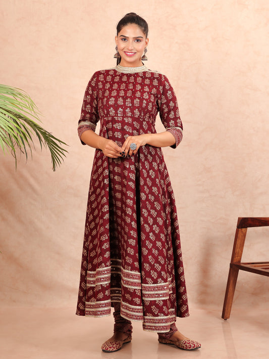 Viscose Gold foil Flared Maroon Kurta