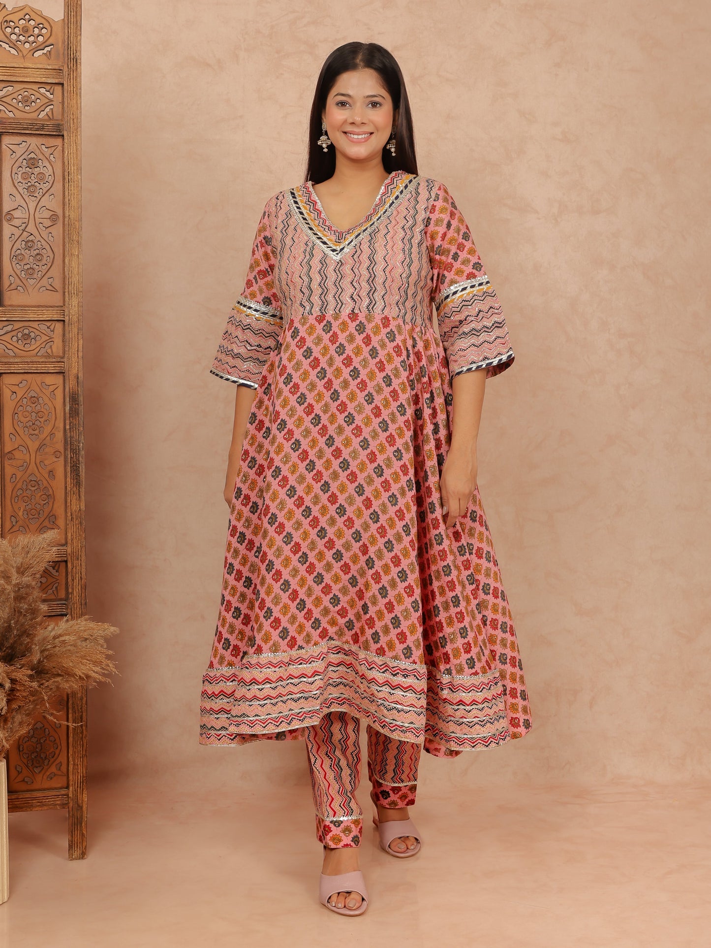 Muslin Gold foil Flared Pink Kurta