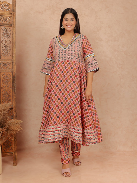 Muslin Gold foil Flared Pink Kurta