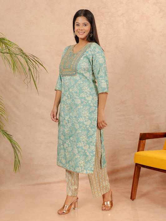 Viscose Slub Floral Straight Turquoise Kurta