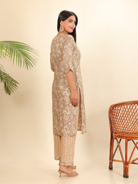 Viscose Slub Floral Straight Beige Kurta