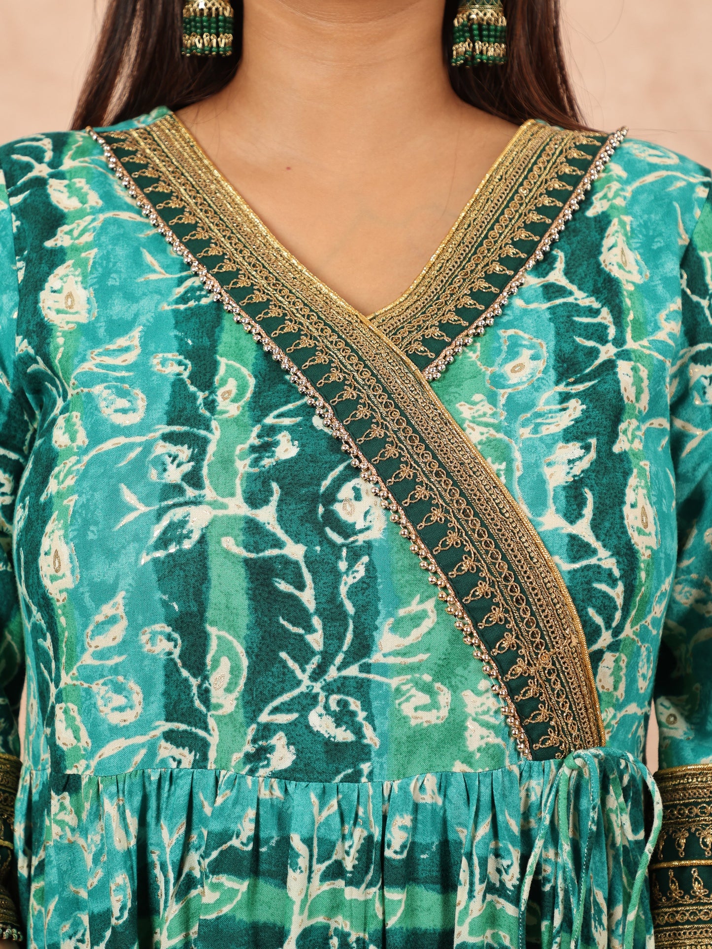 Muslin Floral Angrakha Green Kurta