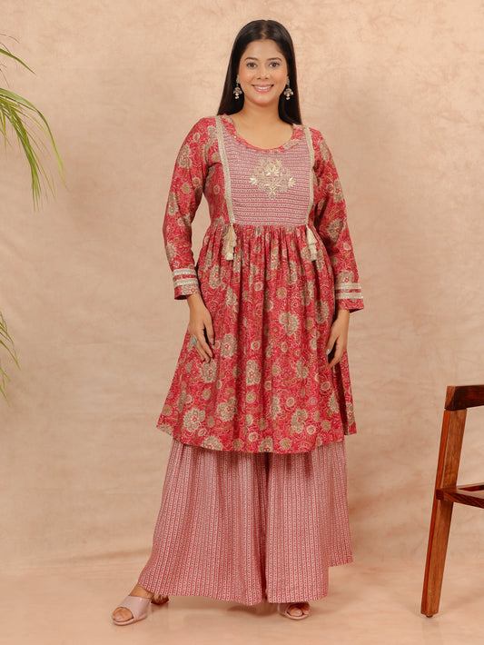 Muslin Floral Flared Pink Kurta