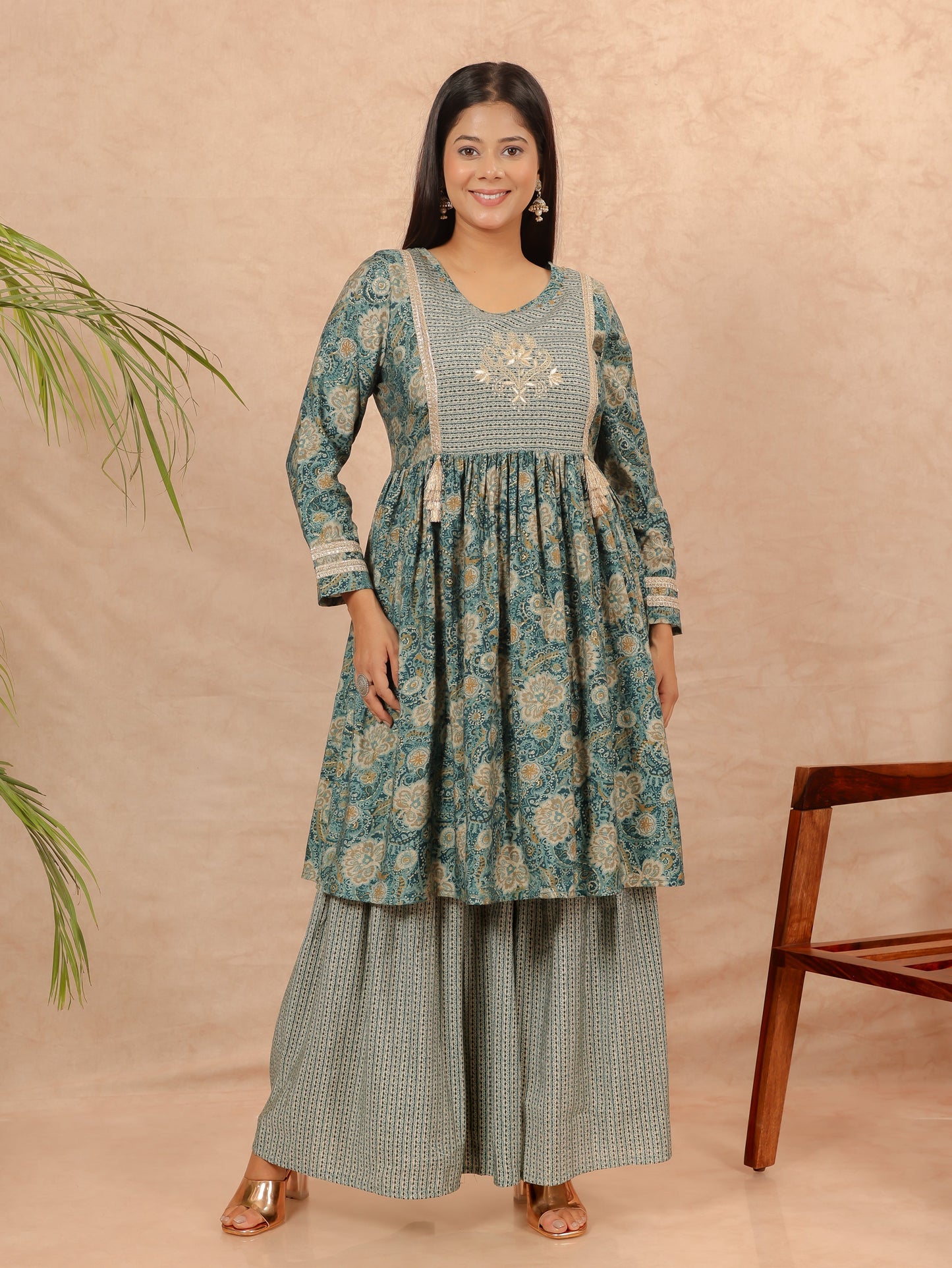 Muslin Floral Flared Green Kurta