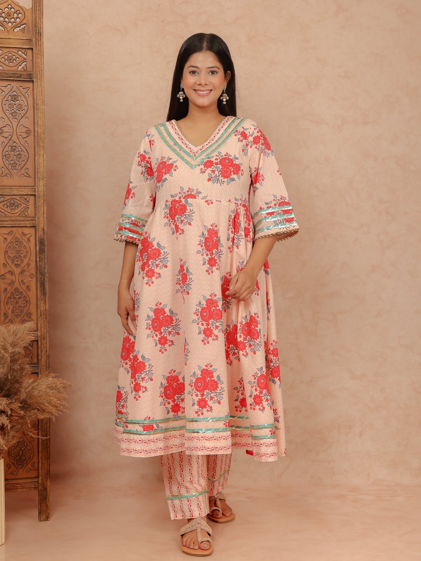 Soft Cotton Floral Flared Red Kurta