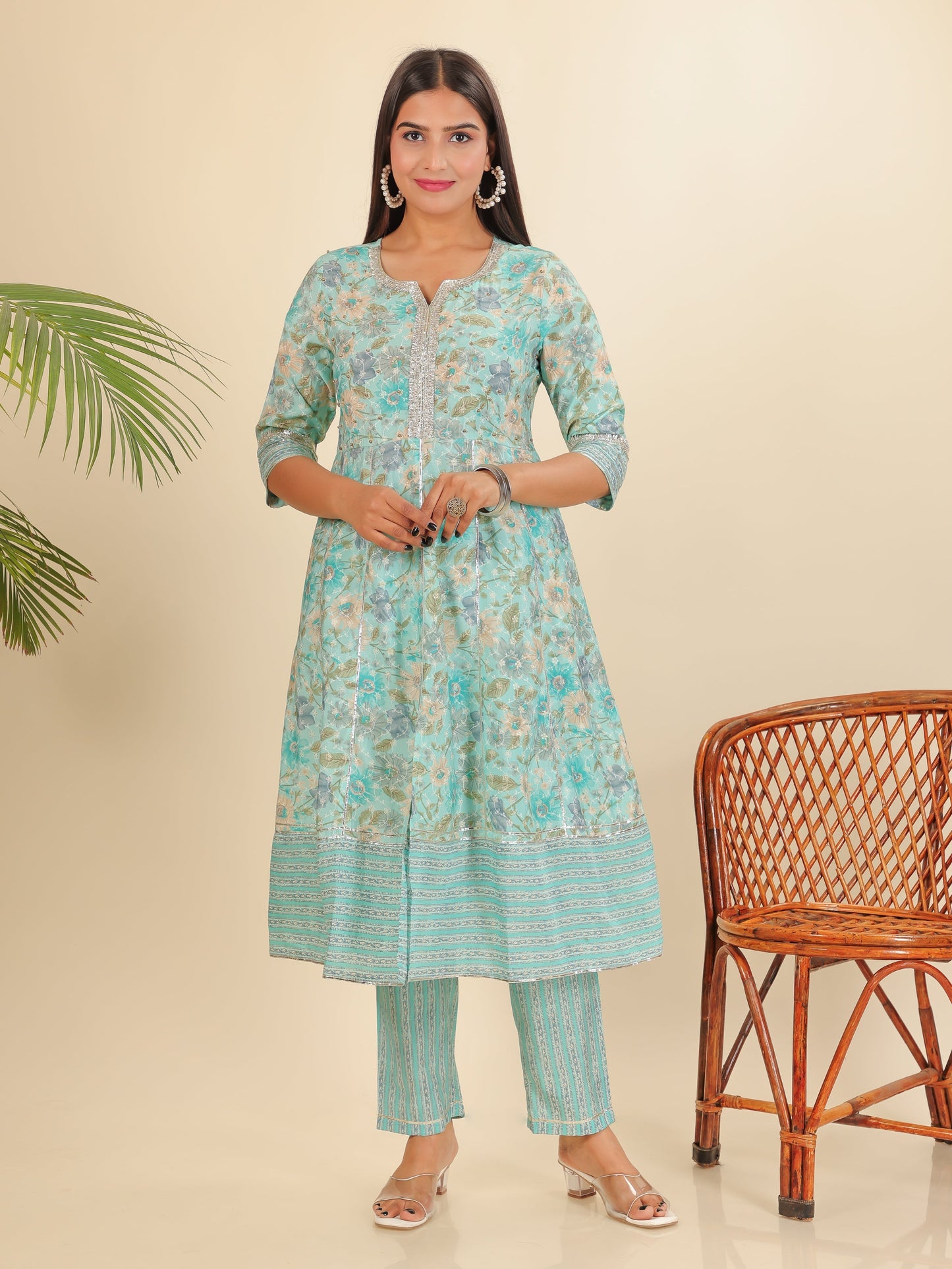 Muslin Floral Anarkali Green Kurta