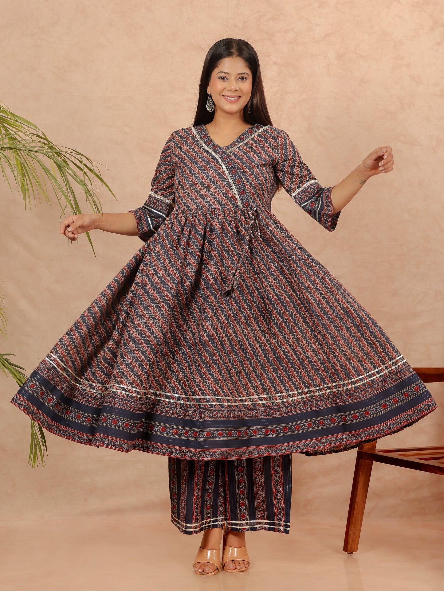 Lurex Cotton Leheriya Angrakha Blue Kurta