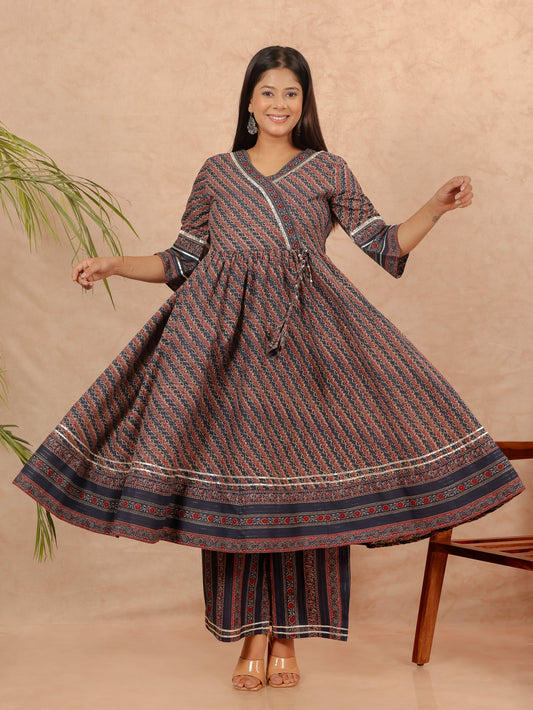 Lurex Cotton Leheriya Angrakha Blue Kurta