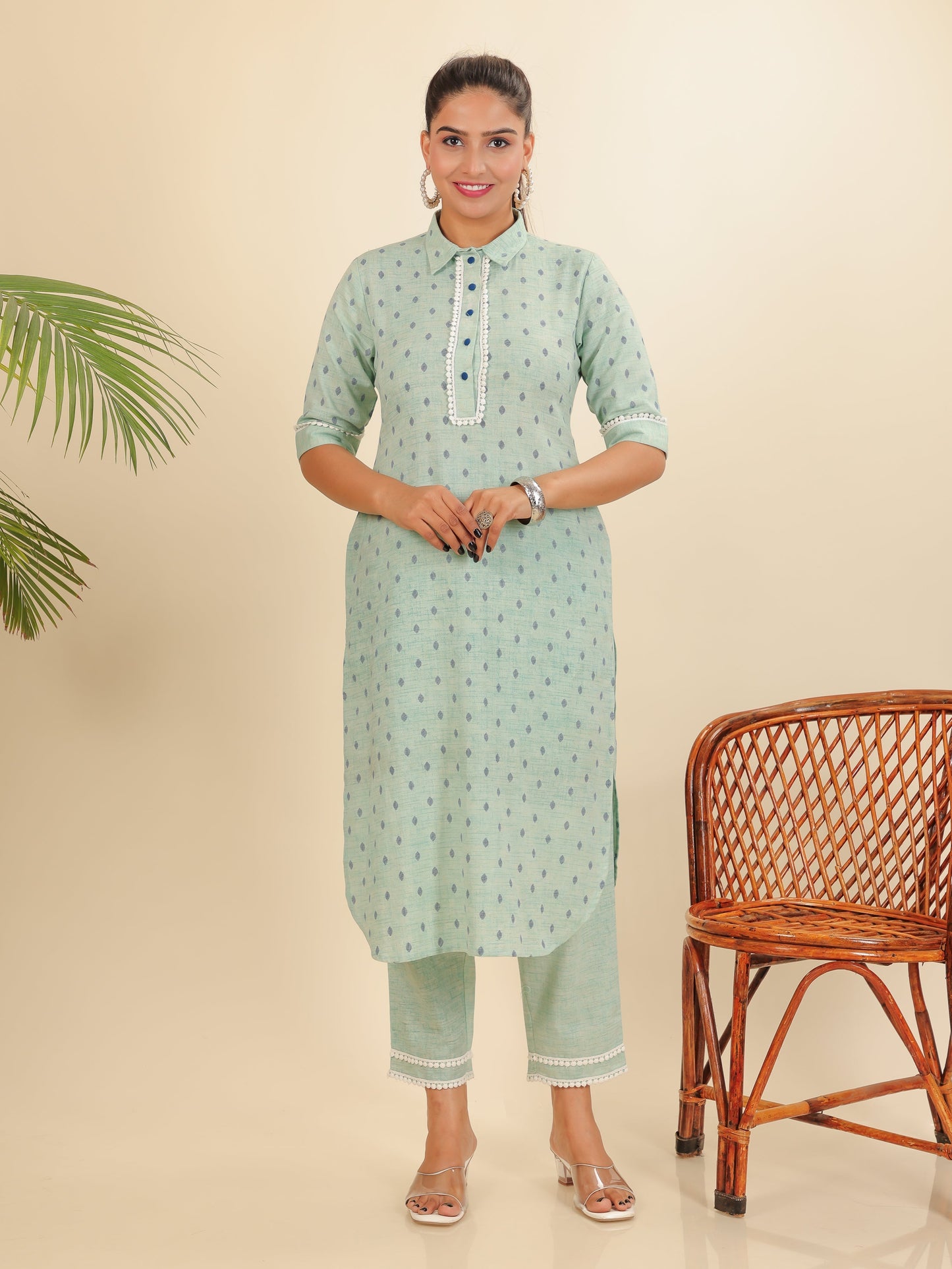Natural Cotton Floral Pathani Green Kurta