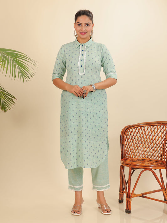 Natural Cotton Floral Pathani Green Kurta